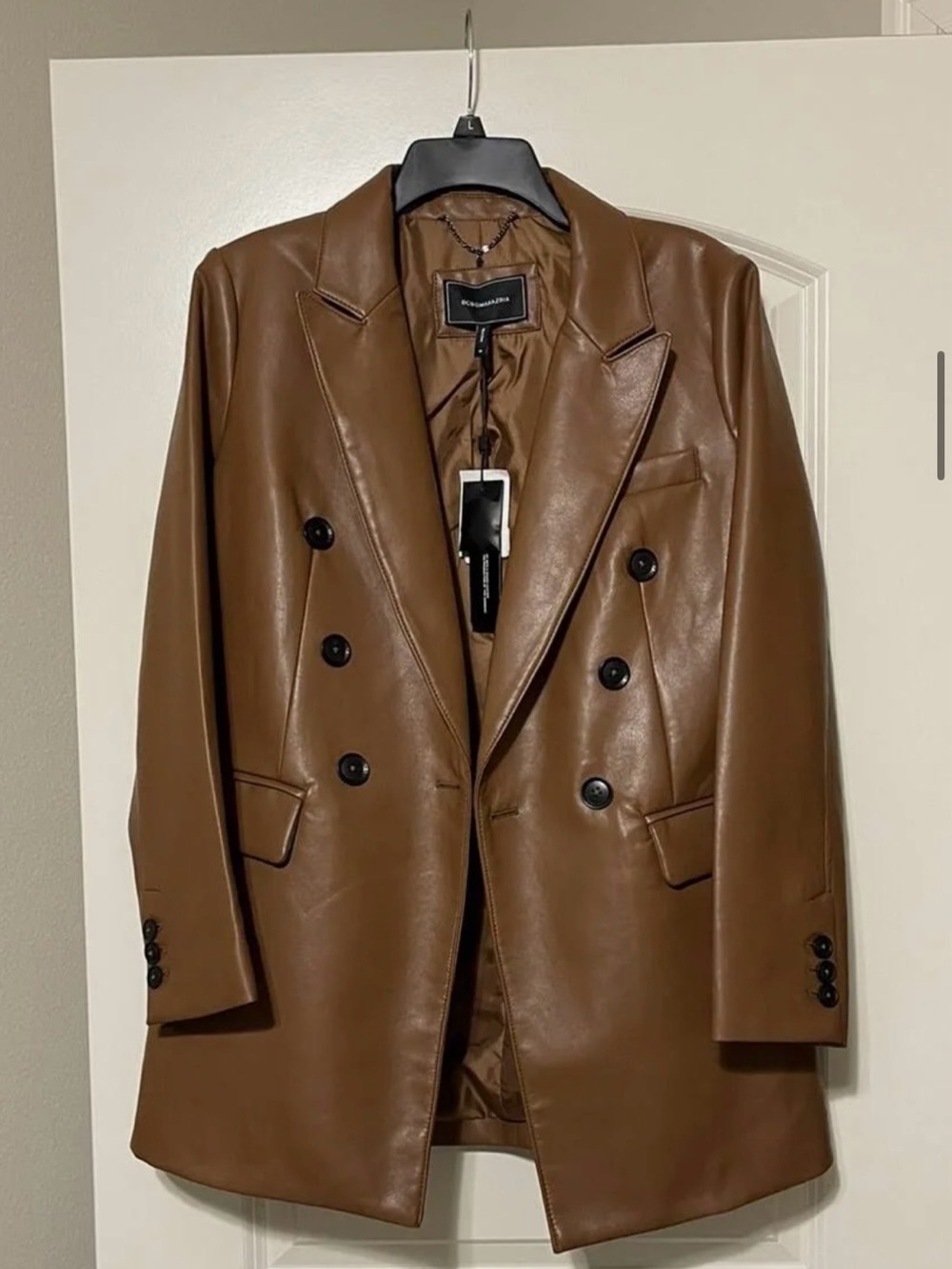 BCBGMaxAzria Brown Double-Breasted Faux Leather Blazer